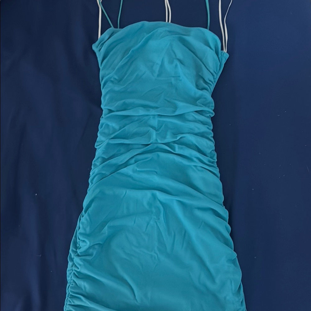 Blue Ruched Bodycon Dress with Spaghetti Straps for Night Out